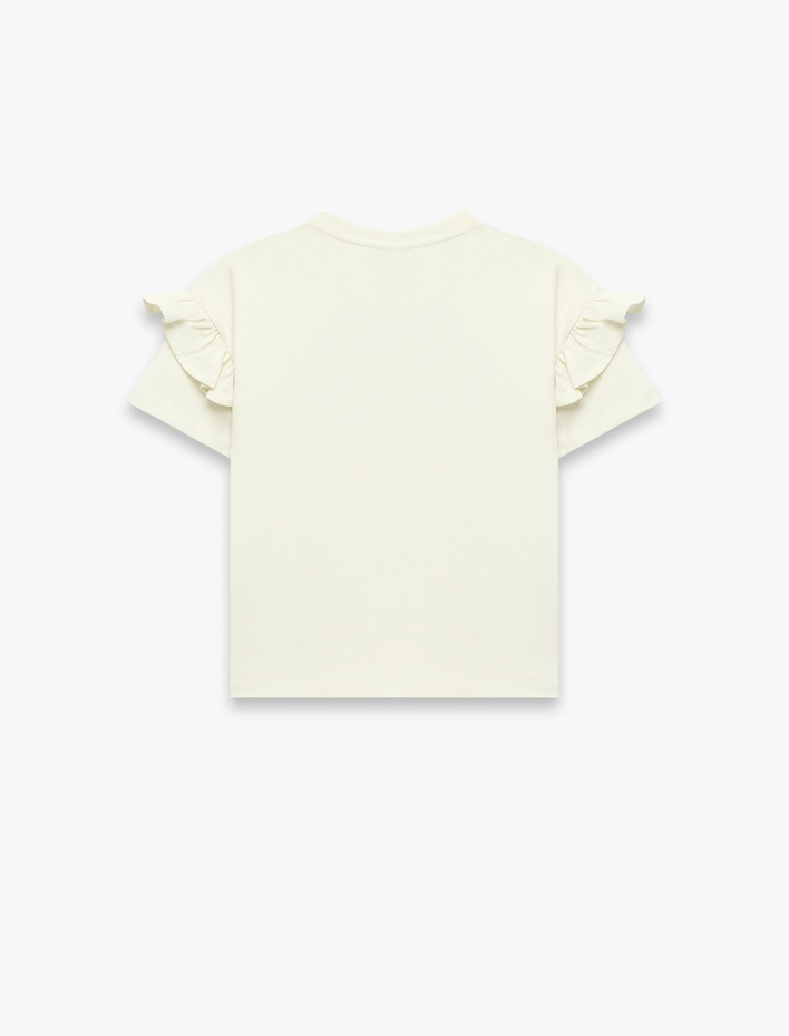 Kız Bebek Kısa Kollu Fırfırlı Bisiklet Yaka Pamuklu Aplike Detaylı Baskılı Tişört