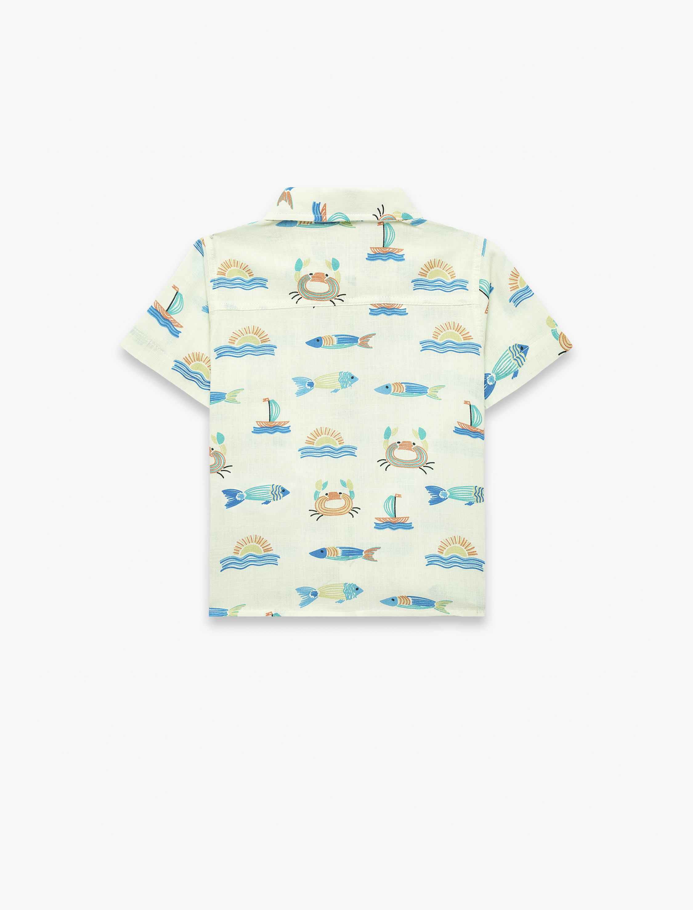  Erkek Bebek Kısa Kollu Klasik Yaka Cepli Pamuklu Balık Desenli Gömlek