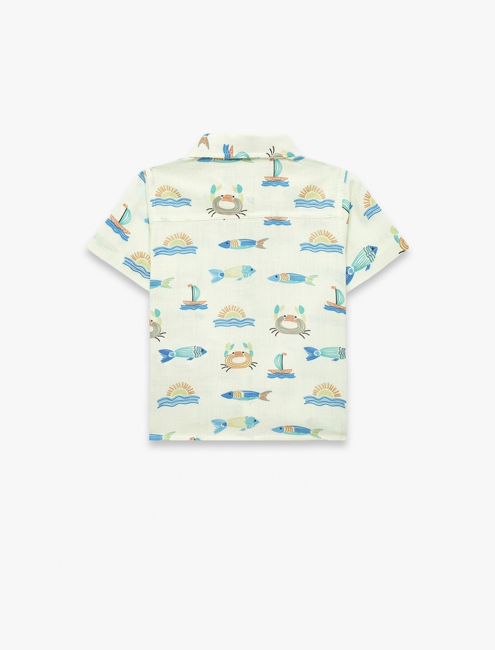 Erkek Bebek Kısa Kollu Klasik Yaka Cepli Pamuklu Balık Desenli Gömlek