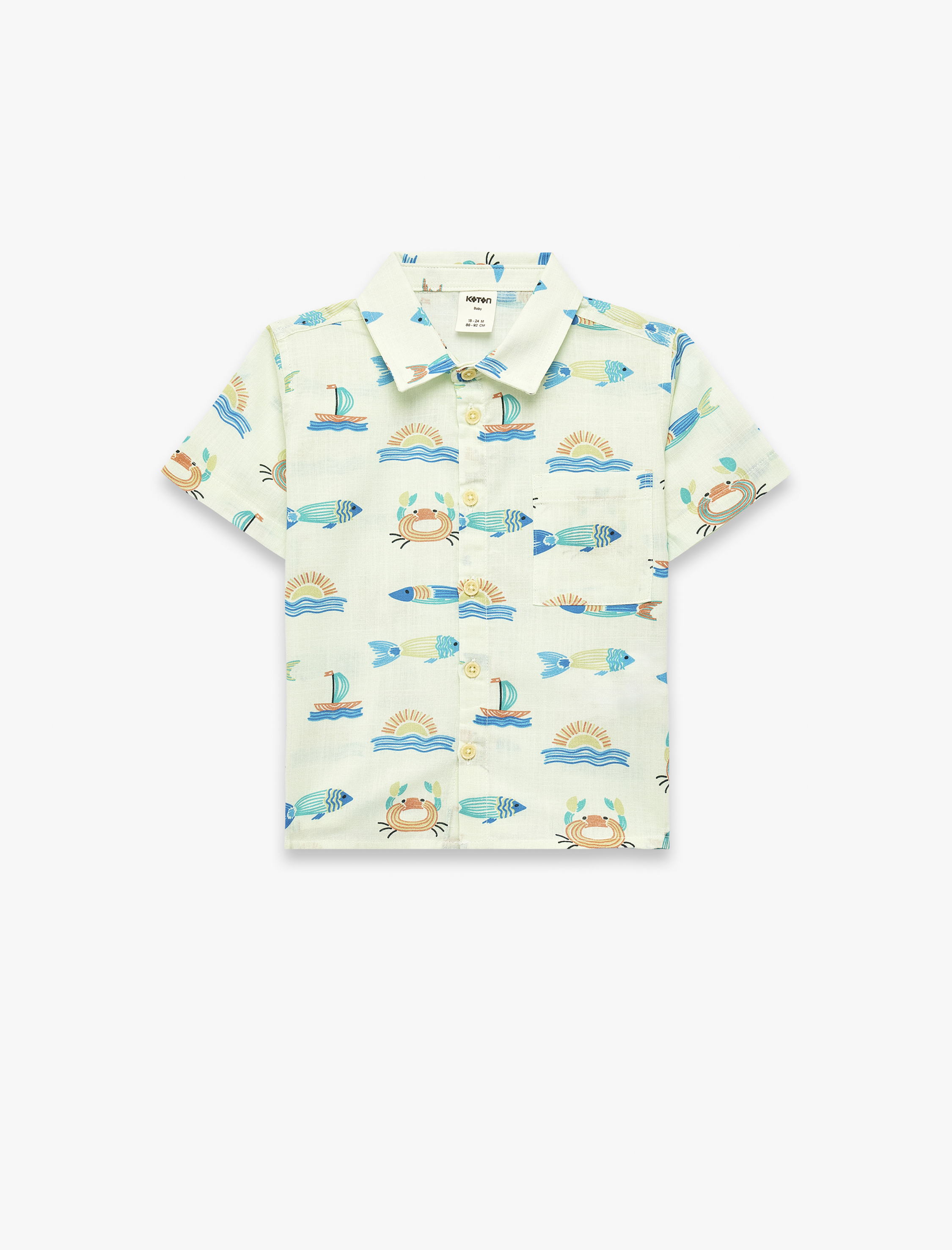  Erkek Bebek Kısa Kollu Klasik Yaka Cepli Pamuklu Balık Desenli Gömlek