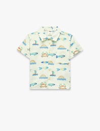 Kısa Kollu Klasik Yaka Cepli Pamuklu Balık Desenli Gömlek