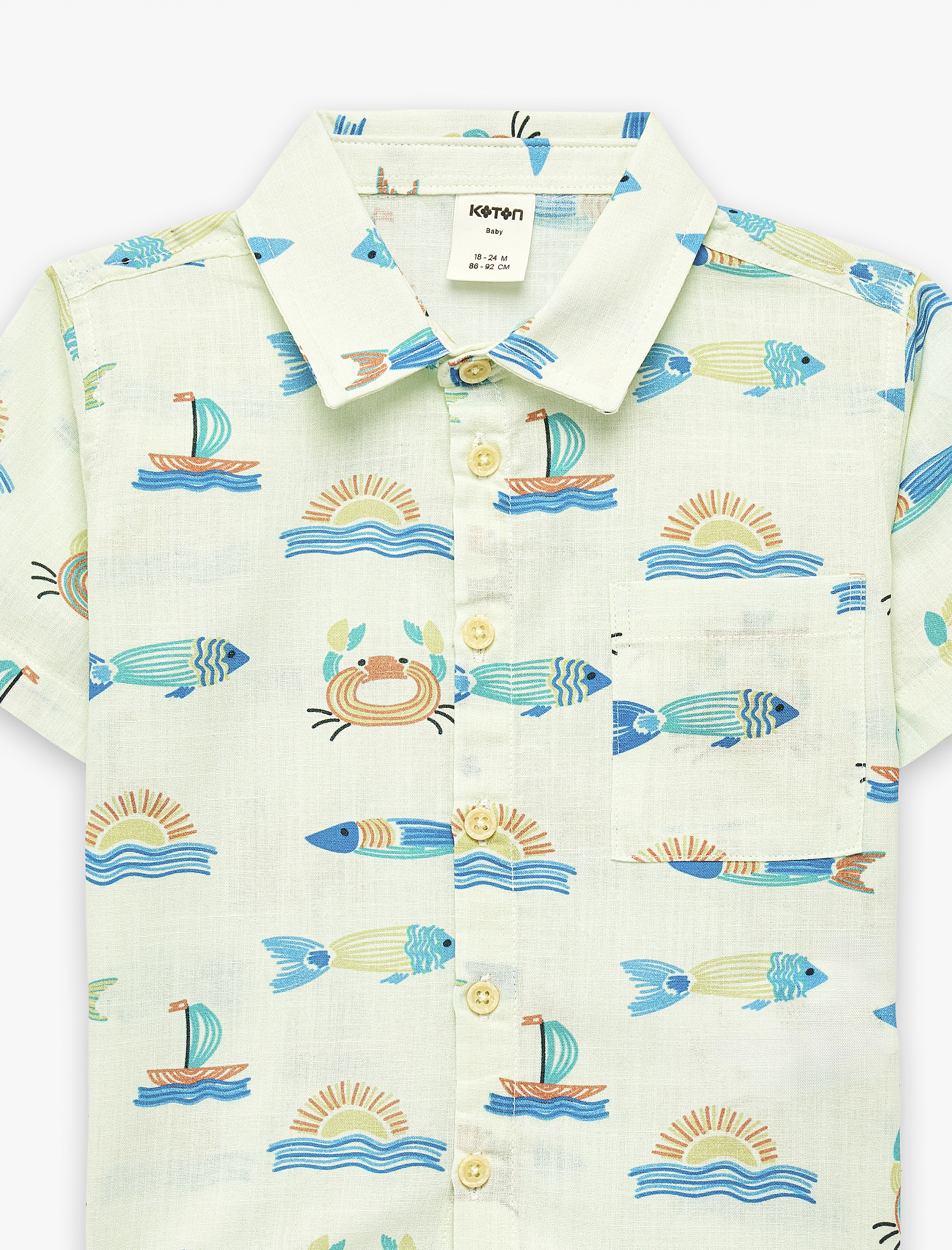  Erkek Bebek Kısa Kollu Klasik Yaka Cepli Pamuklu Balık Desenli Gömlek