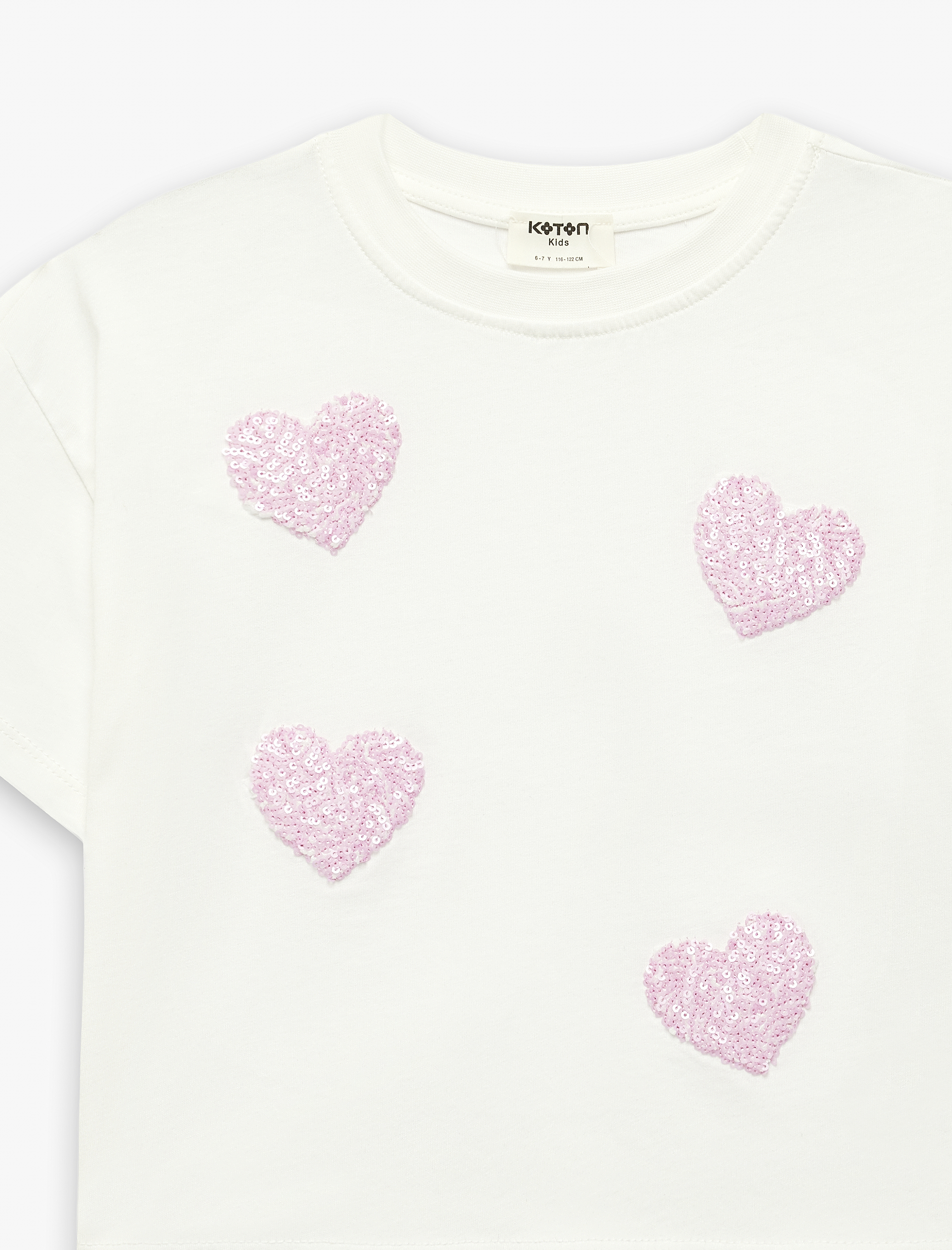  Kız Çocuk Bisiklet Yaka Pullu Payetli Kalpli Pamuklu Kısa Kollu Tişört