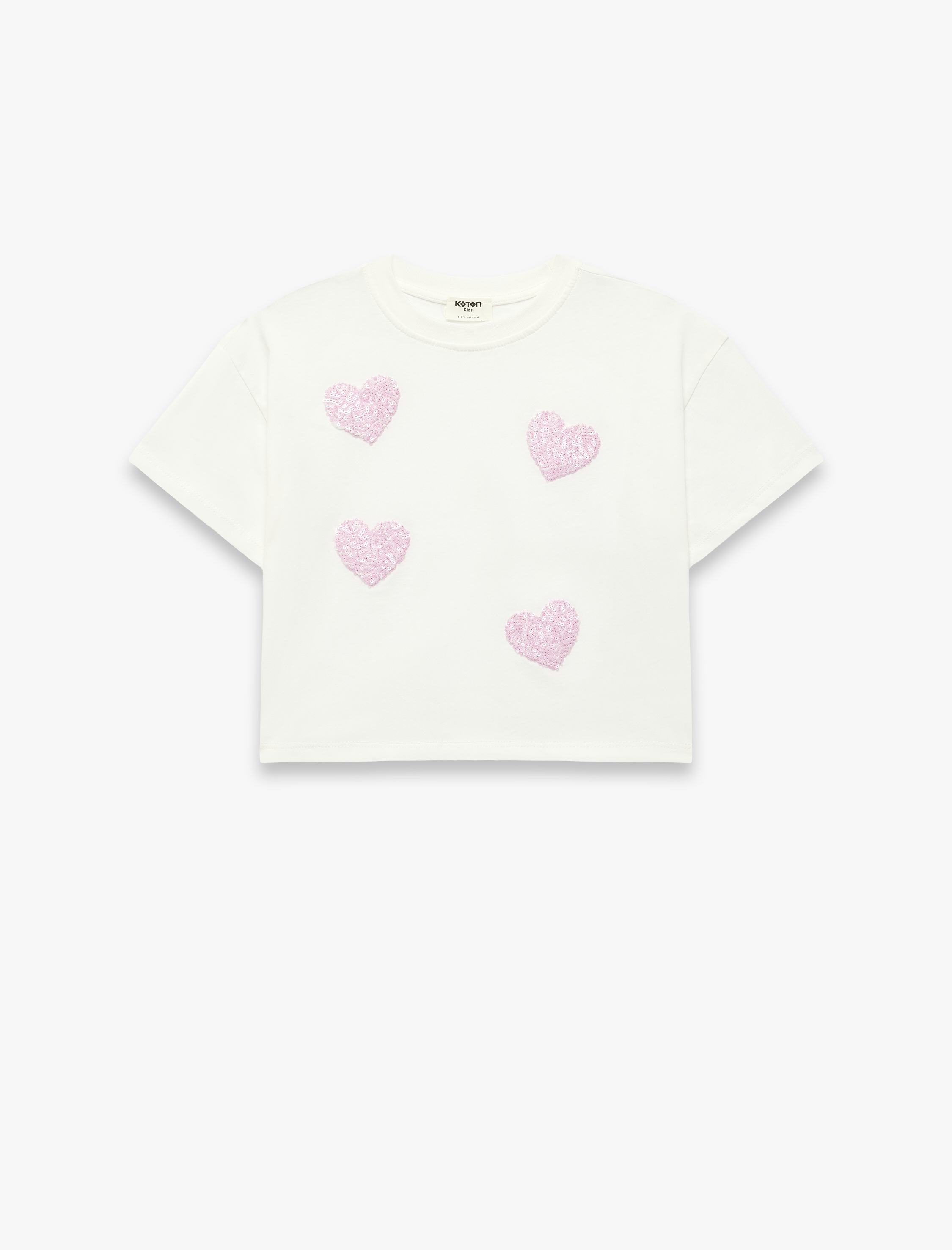  Kız Çocuk Bisiklet Yaka Pullu Payetli Kalpli Pamuklu Kısa Kollu Tişört