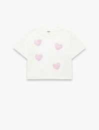 Bisiklet Yaka Pullu Payetli Kalpli Pamuklu Kısa Kollu Tişört