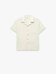 Devrik Yaka Cepli Kısa Kollu Keten Oversize Gömlek