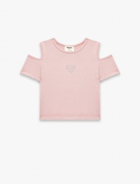 Bisiklet Yaka Kısa Kollu  Pencere Detaylı Kalp Baskılı Bluz