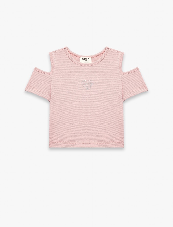 Kız Çocuk Bisiklet Yaka Kısa Kollu  Pencere Detaylı Kalp Baskılı Bluz