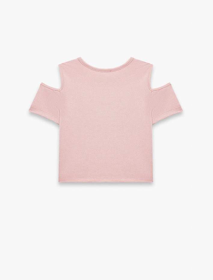 Kız Çocuk Bisiklet Yaka Kısa Kollu  Pencere Detaylı Kalp Baskılı Bluz