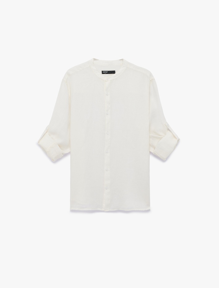  Regular Fit Uzun Kollu Düğmeli Hakim Yaka Keten Gömlek