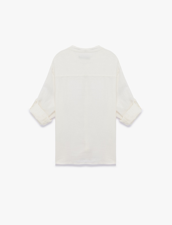  Regular Fit Uzun Kollu Düğmeli Hakim Yaka Keten Gömlek