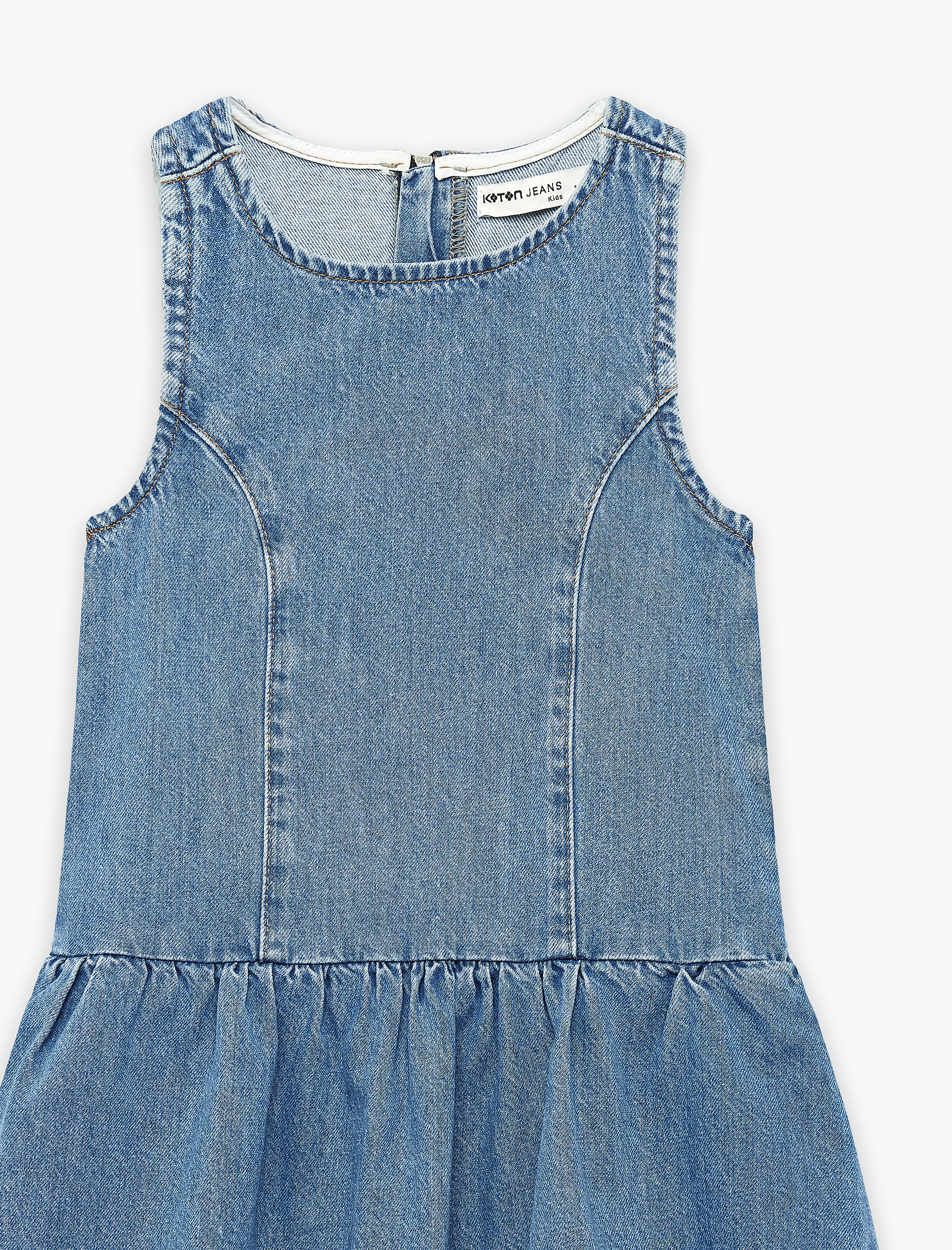  Kız Çocuk Pamuklu Bol Kalıp Kolsuz Bisiklet Yaka Balon Denim Elbise