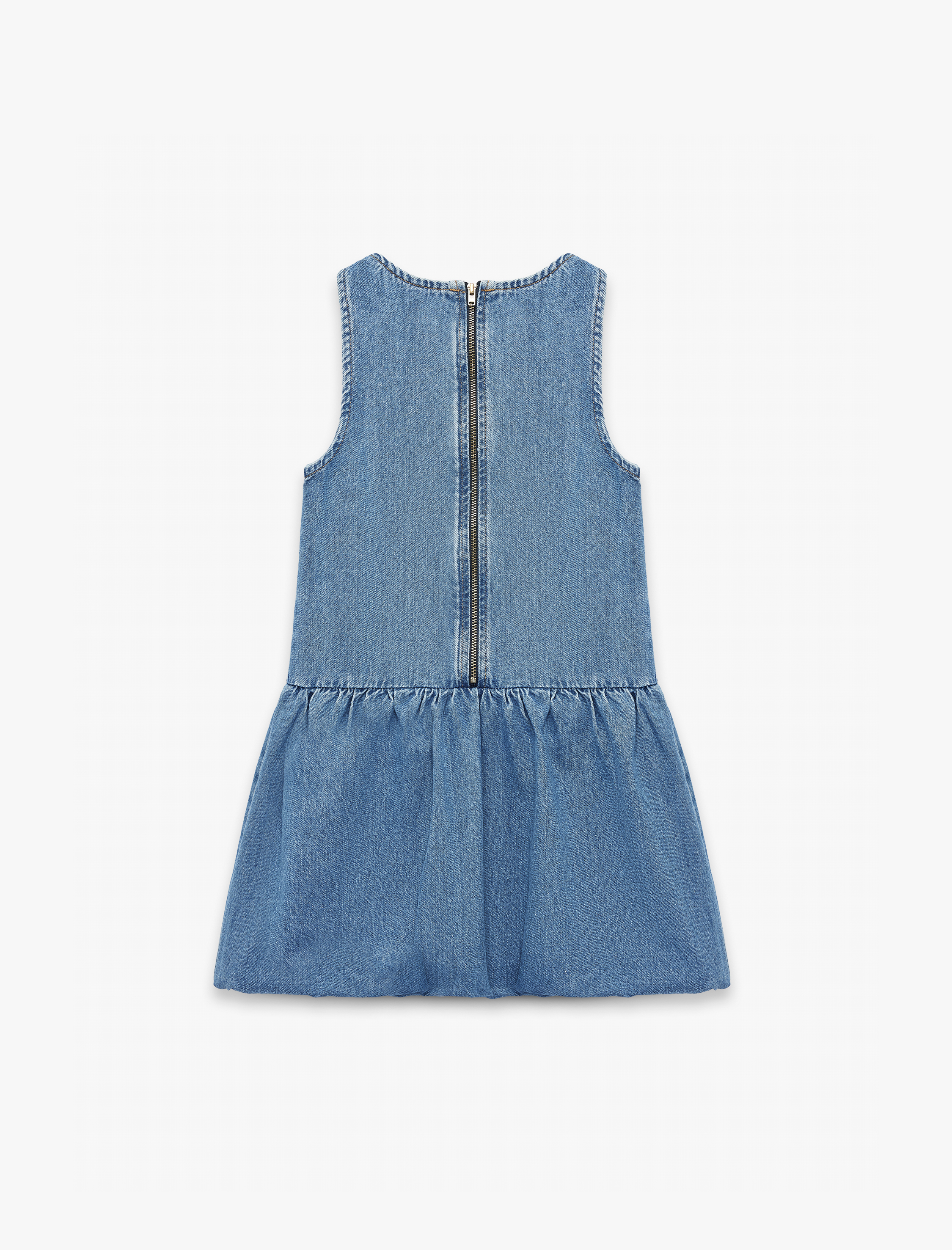  Kız Çocuk Pamuklu Bol Kalıp Kolsuz Bisiklet Yaka Balon Denim Elbise