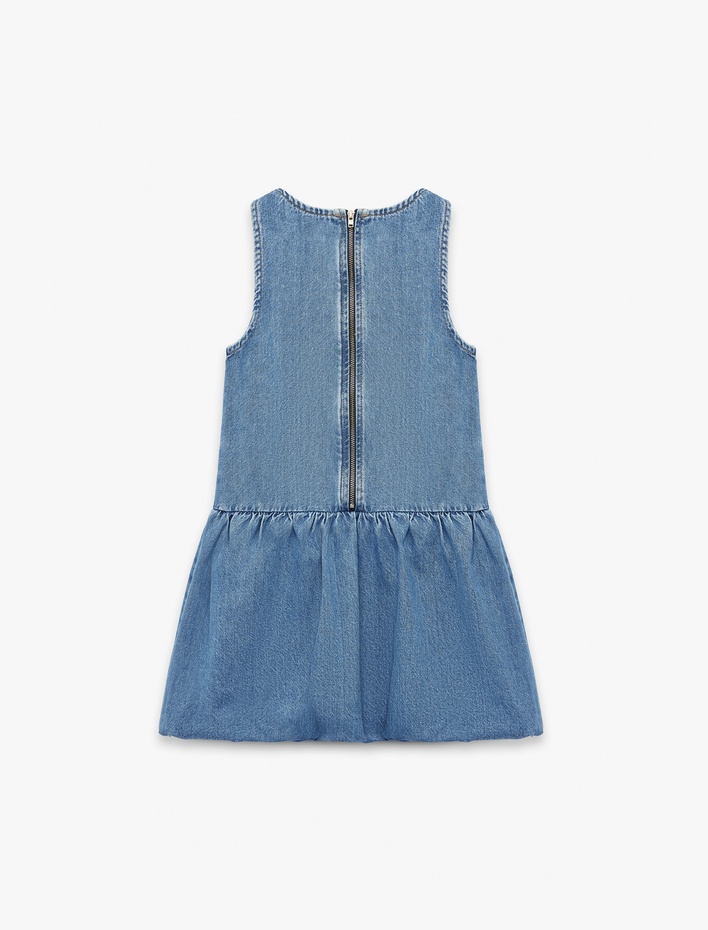 Kız Çocuk Pamuklu Bol Kalıp Kolsuz Bisiklet Yaka Balon Denim Elbise