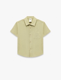 Klasik Yaka Cepli Keten Viskon Karışımlı Kısa Kollu Gömlek