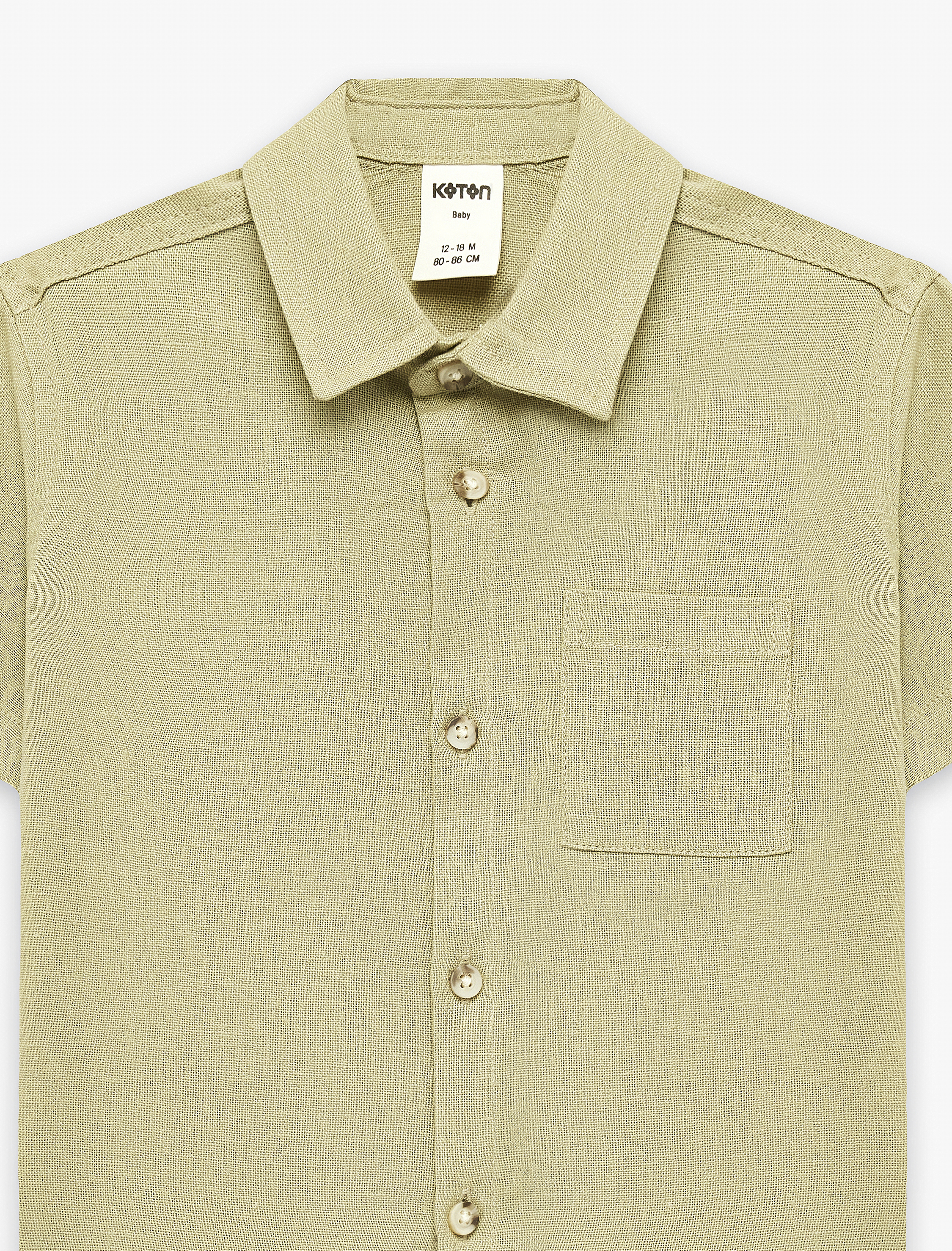  Erkek Bebek Klasik Yaka Cepli Keten Viskon Karışımlı Kısa Kollu Gömlek