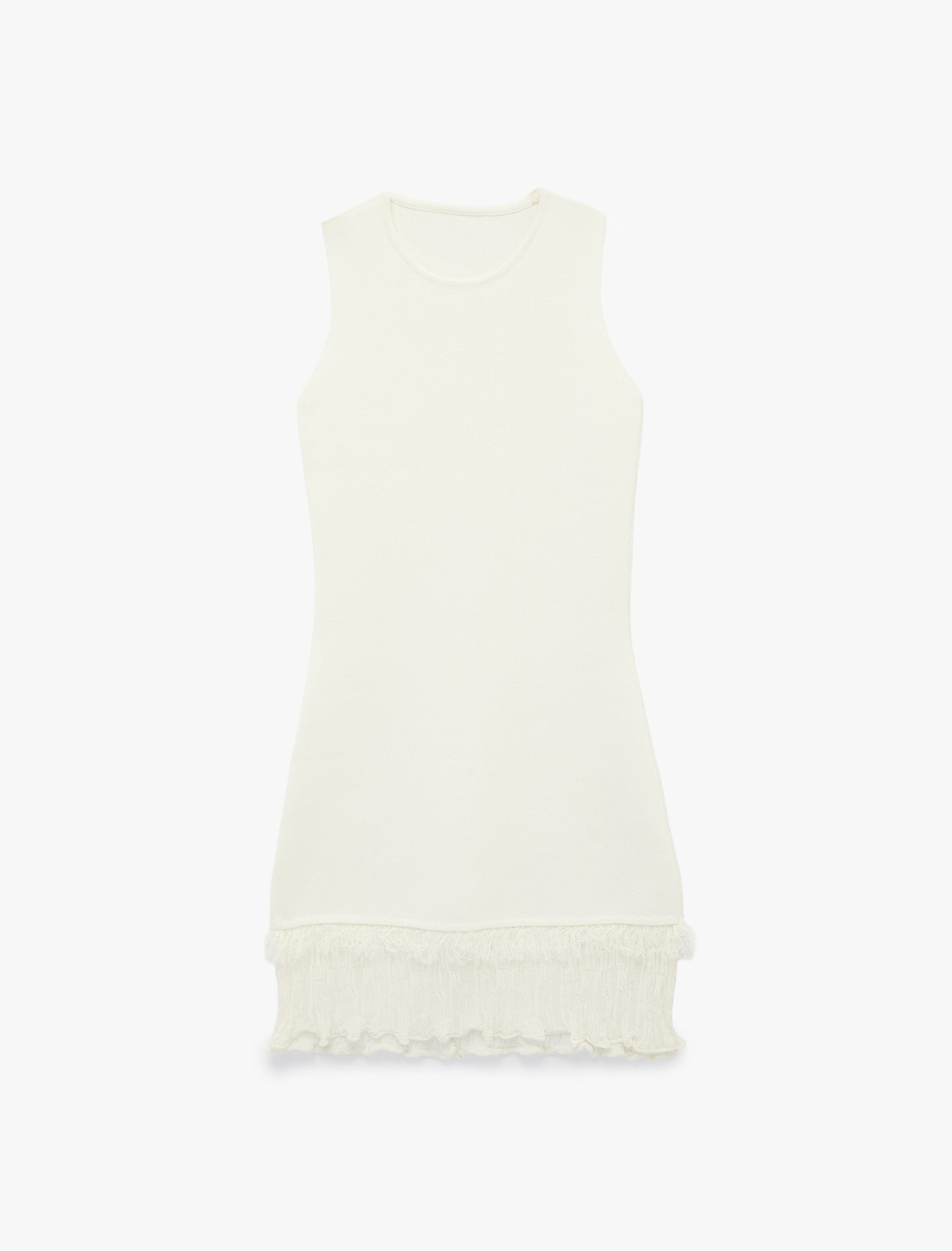   Etek Ucu Püskül Detaylı Fırfırlı Bisiklet Yaka Kolsuz Viskon Triko Mini Elbise