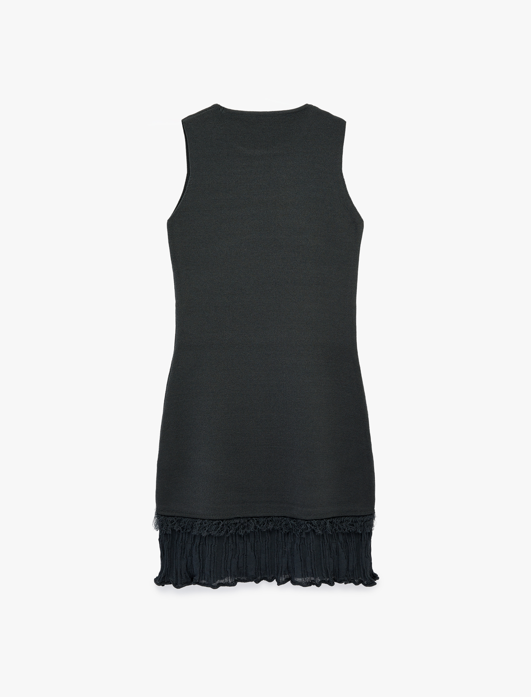   Etek Ucu Püskül Detaylı Fırfırlı Bisiklet Yaka Kolsuz Viskon Triko Mini Elbise