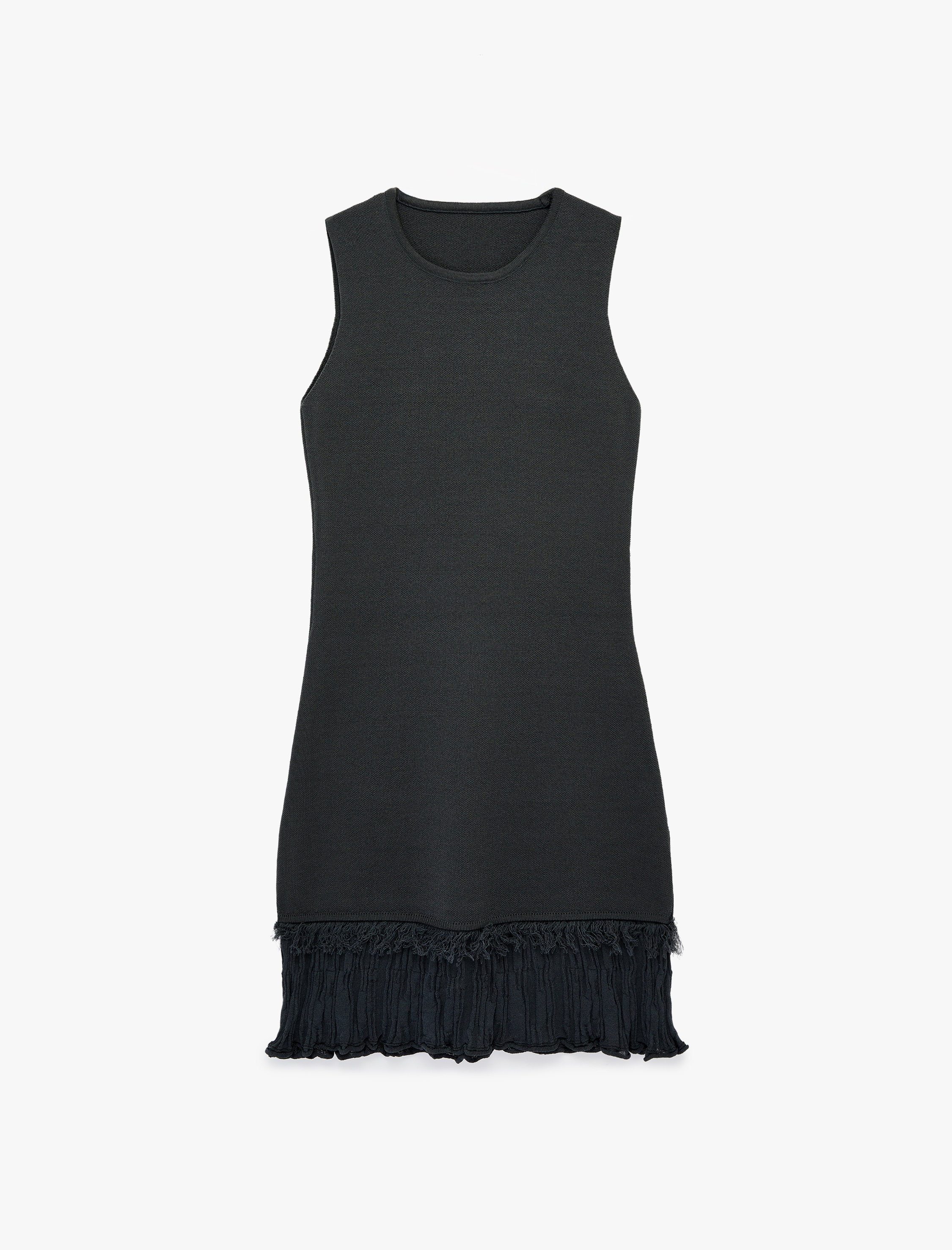   Etek Ucu Püskül Detaylı Fırfırlı Bisiklet Yaka Kolsuz Viskon Triko Mini Elbise