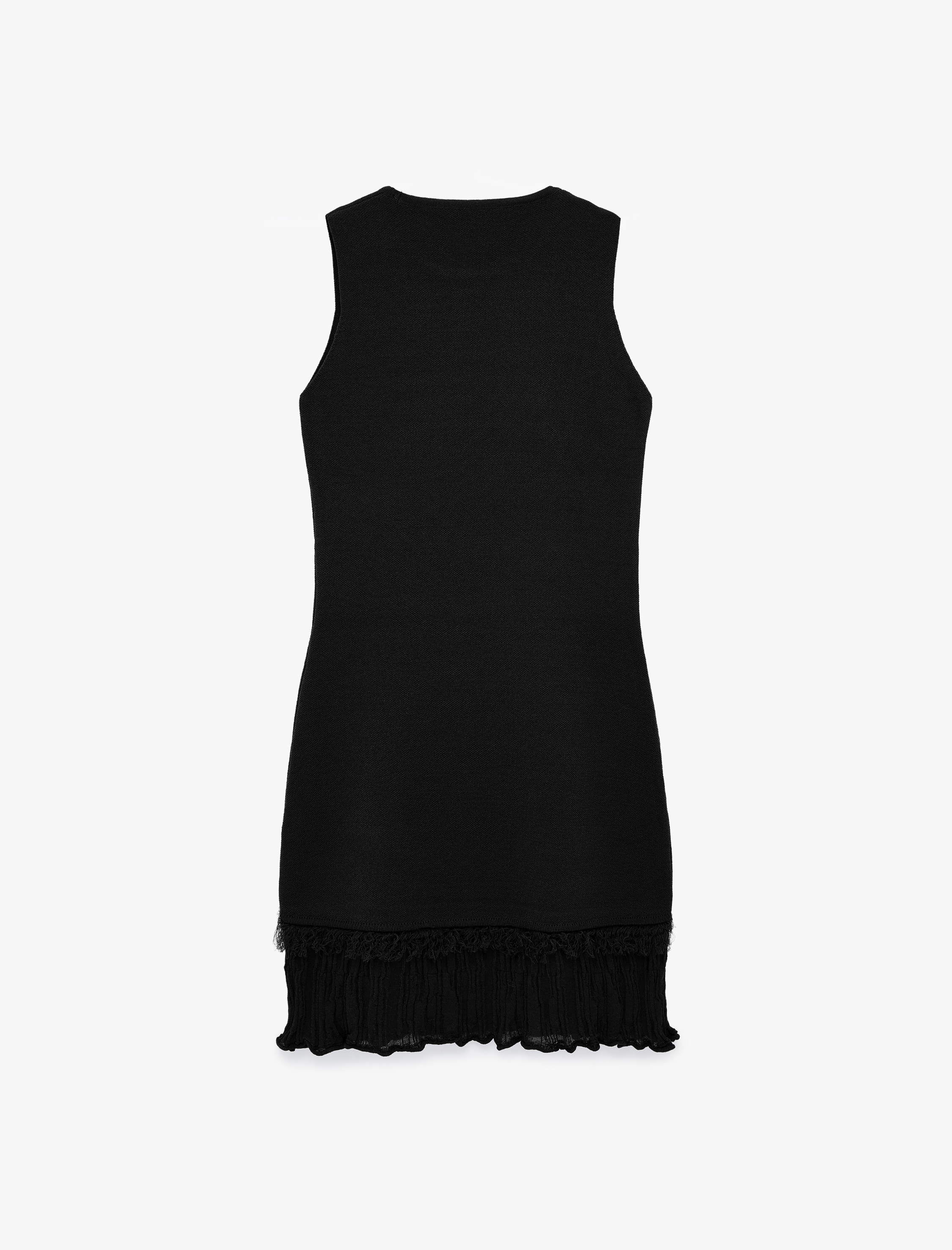   Etek Ucu Püskül Detaylı Fırfırlı Bisiklet Yaka Kolsuz Viskon Triko Mini Elbise