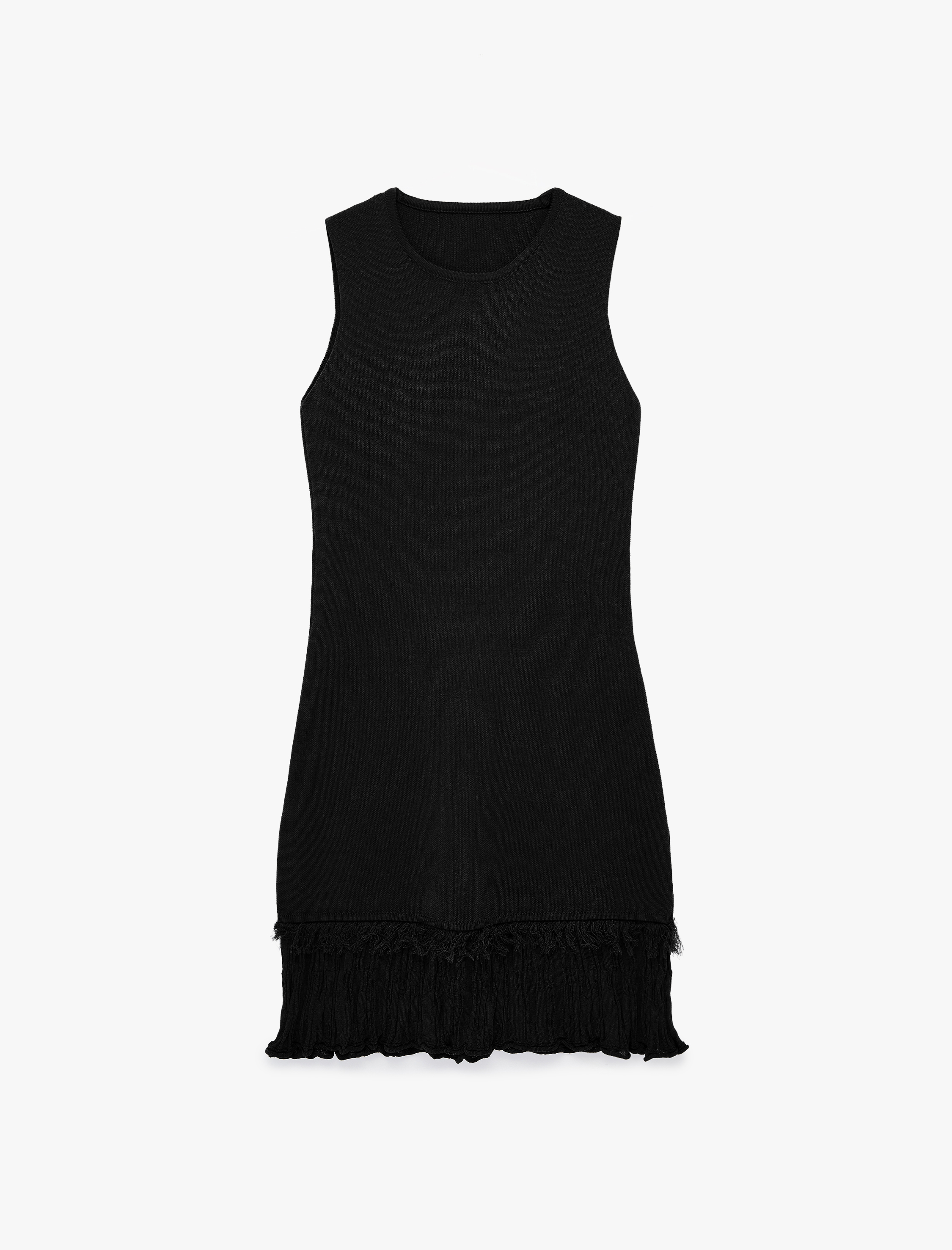   Etek Ucu Püskül Detaylı Fırfırlı Bisiklet Yaka Kolsuz Viskon Triko Mini Elbise