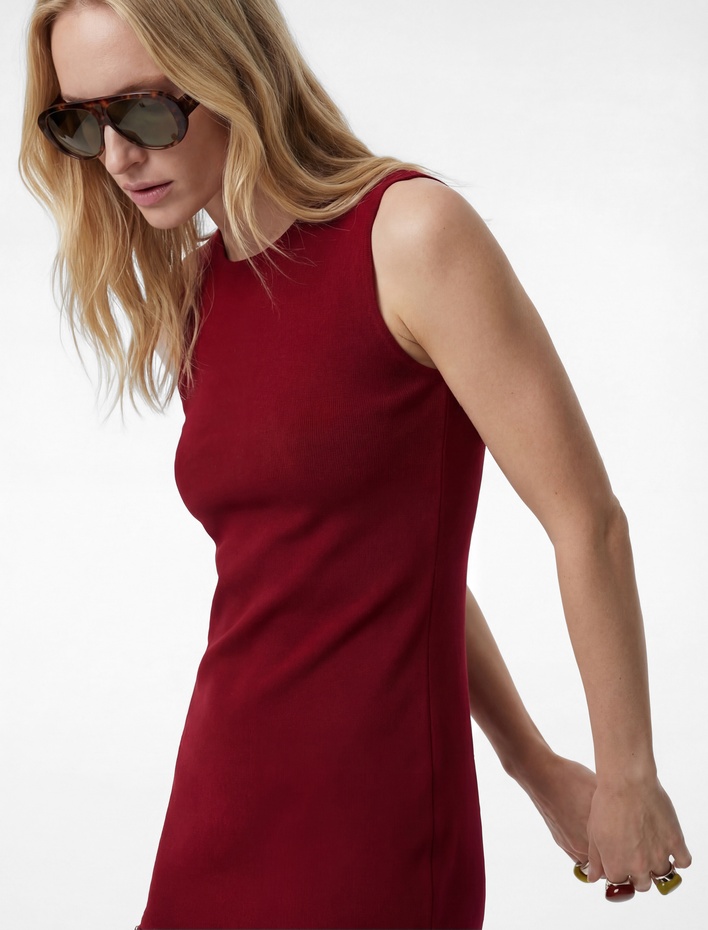  Etek Ucu Püskül Detaylı Fırfırlı Bisiklet Yaka Kolsuz Viskon Triko Mini Elbise