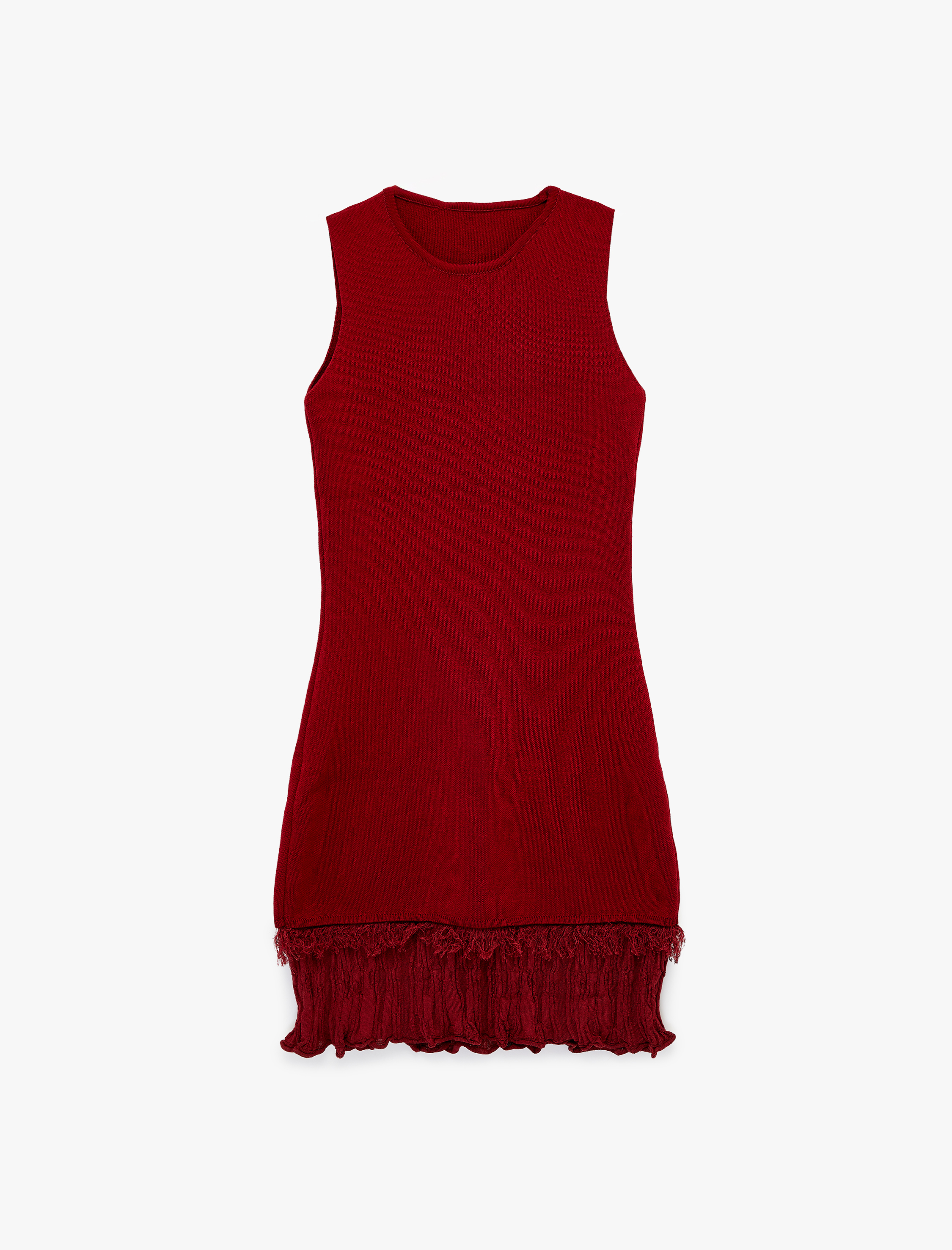   Etek Ucu Püskül Detaylı Fırfırlı Bisiklet Yaka Kolsuz Viskon Triko Mini Elbise