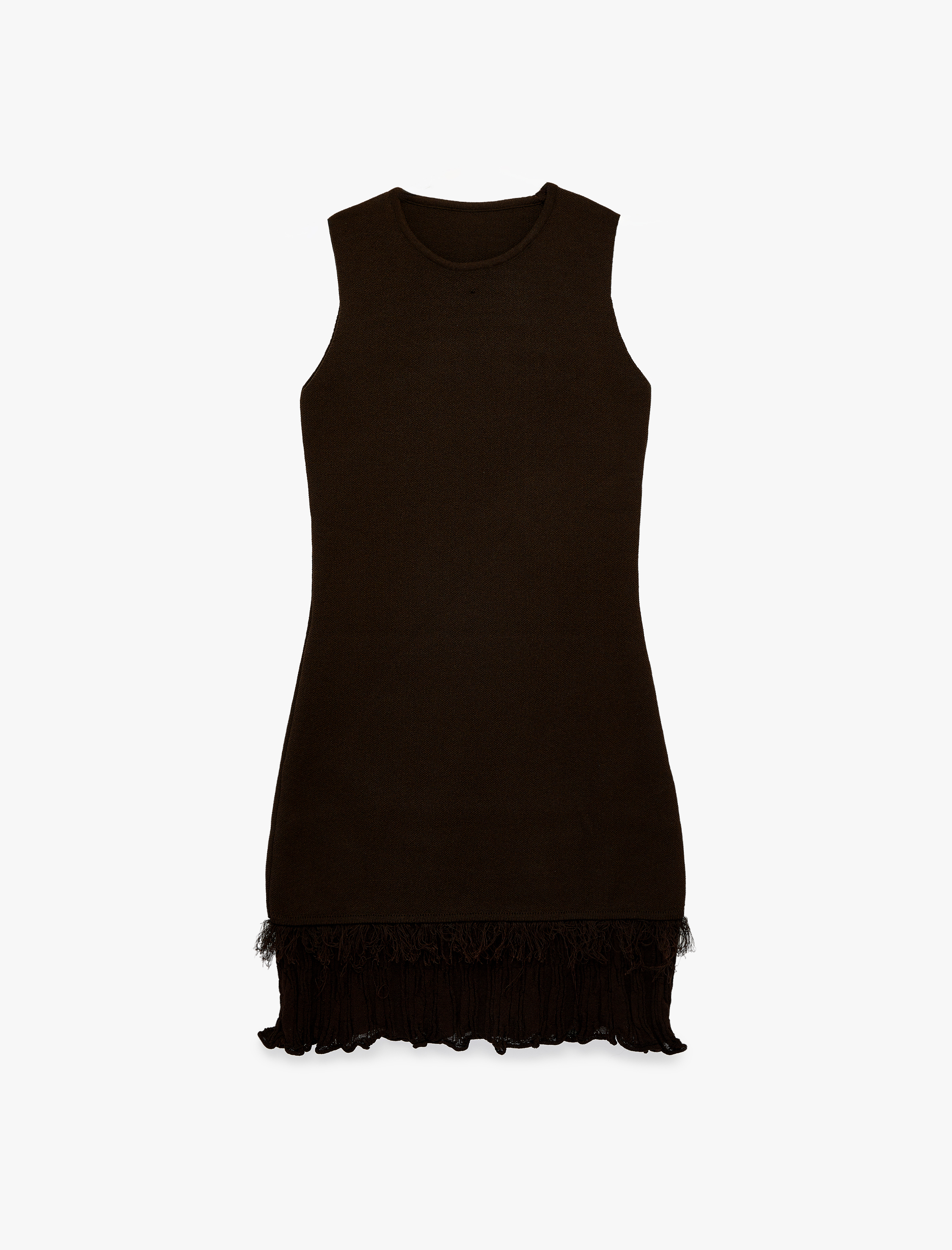   Etek Ucu Püskül Detaylı Fırfırlı Bisiklet Yaka Kolsuz Viskon Triko Mini Elbise