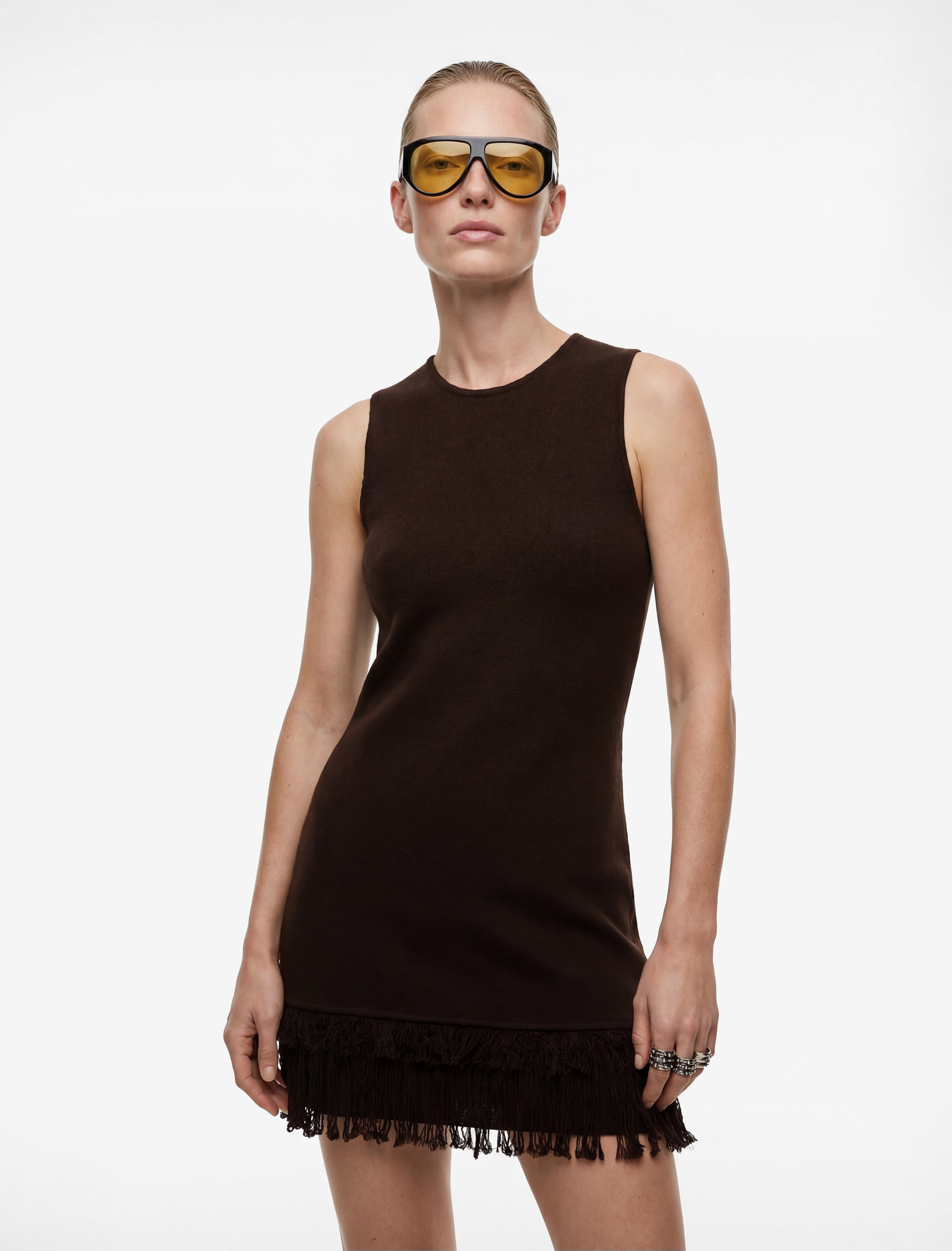   Etek Ucu Püskül Detaylı Fırfırlı Bisiklet Yaka Kolsuz Viskon Triko Mini Elbise