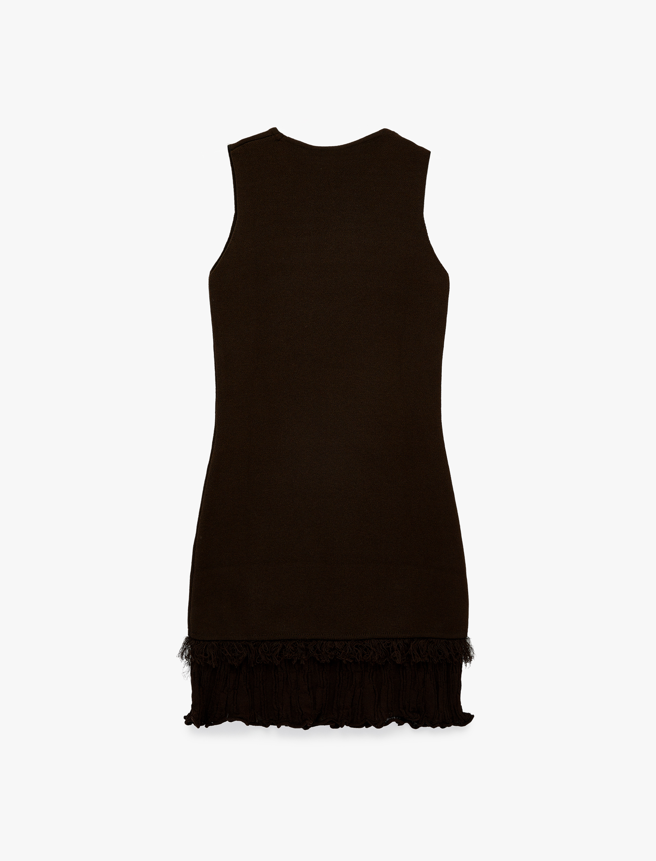   Etek Ucu Püskül Detaylı Fırfırlı Bisiklet Yaka Kolsuz Viskon Triko Mini Elbise