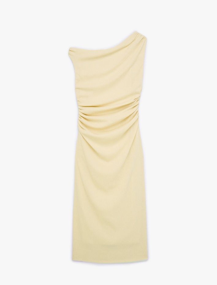  Asimetrik Yaka Kolsuz Drapeli Uzun Tek Omuz Elbise