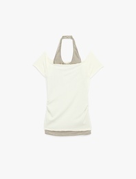 Slim Fit Atlet Detaylı Kısa Kollu Viskon Karışımlı Omzu Açık Tişört