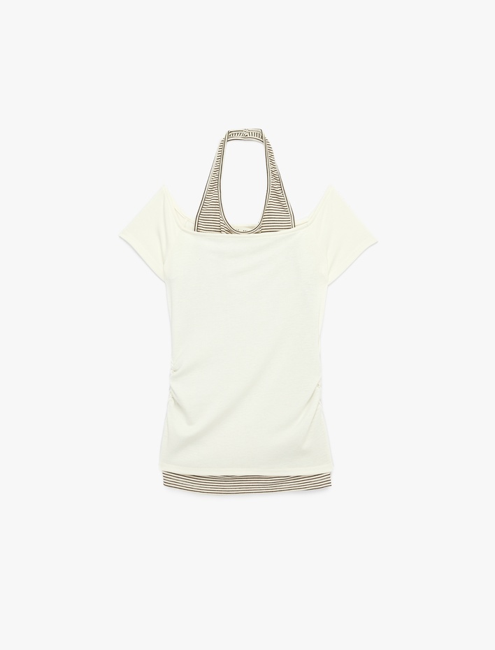  Slim Fit Atlet Detaylı Kısa Kollu Viskon Karışımlı Omzu Açık Tişört