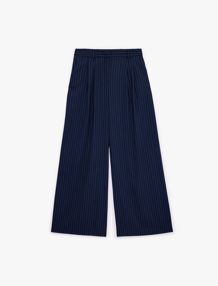  Cepli Pile Detaylı Geniş Paça Çizgili Pantolon