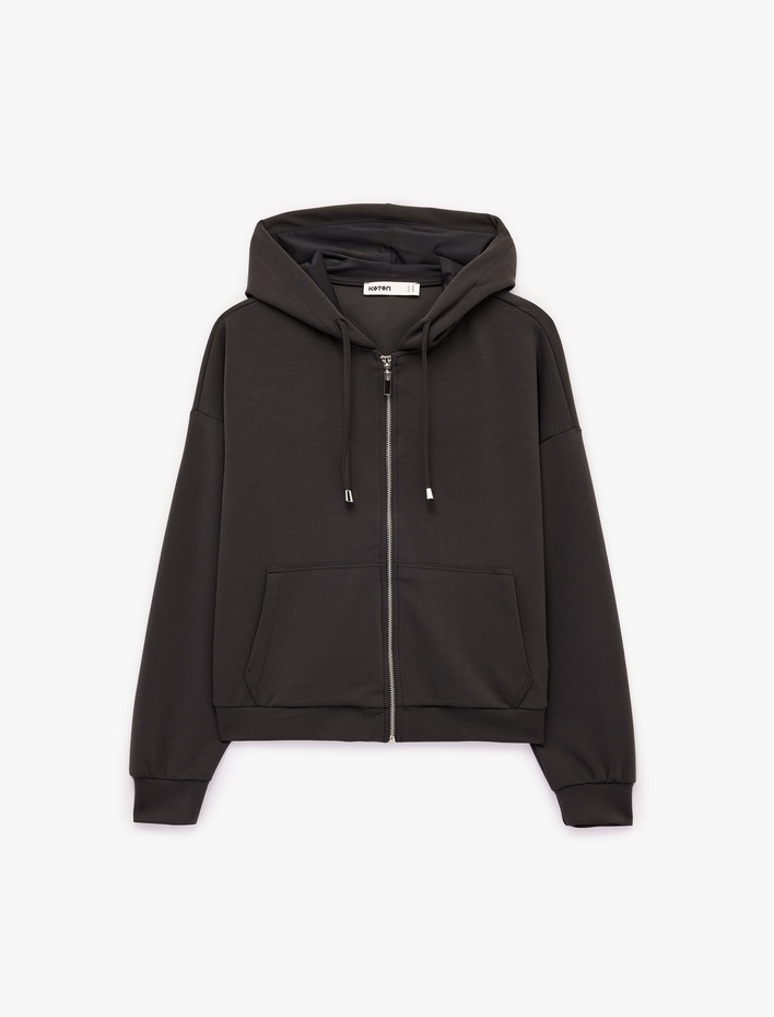  Modal Uzun Kollu Cepli Tam Fermuarlı Kapüşonlu Sweatshirt