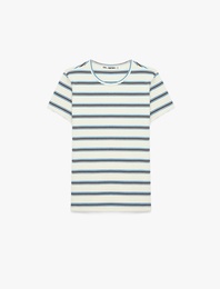 Çizgili Pamuklu Bisiklet Yaka Kısa Kollu Slim Fit Tişört