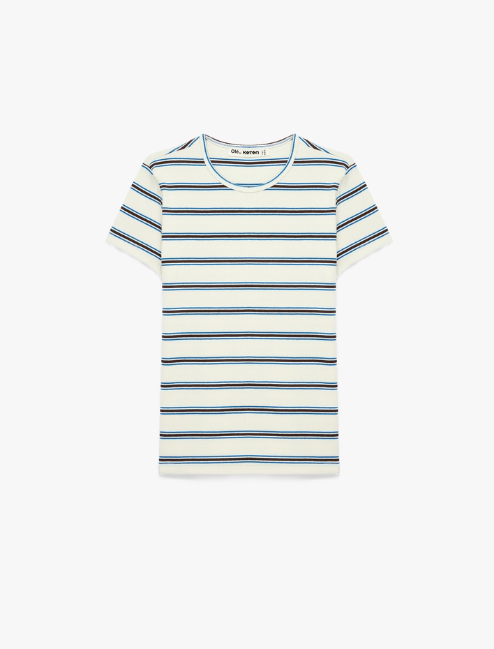  Çizgili Pamuklu Bisiklet Yaka Kısa Kollu Slim Fit Tişört