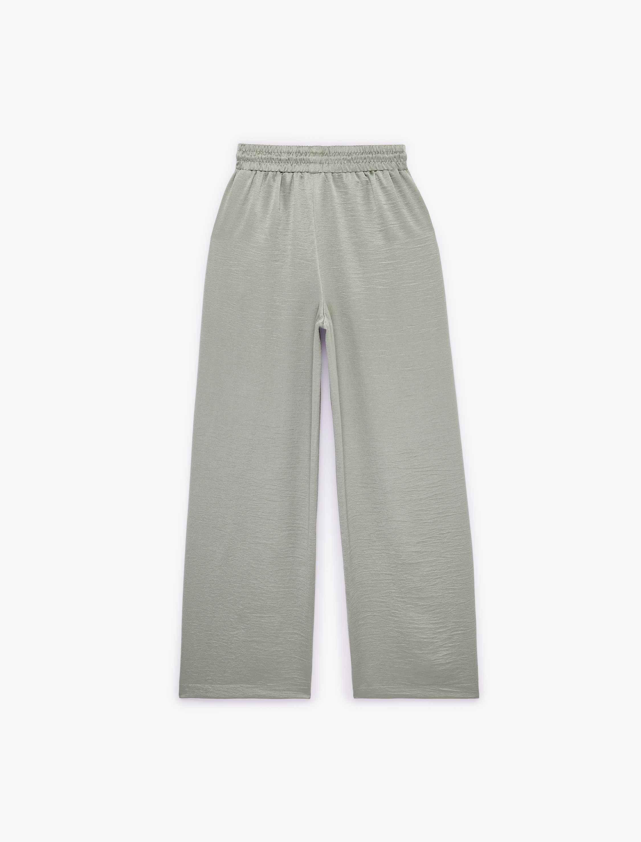   Beli Lastikli Bağlamalı Cepli Düz Geniş Paça Dokulu Saten Pantolon