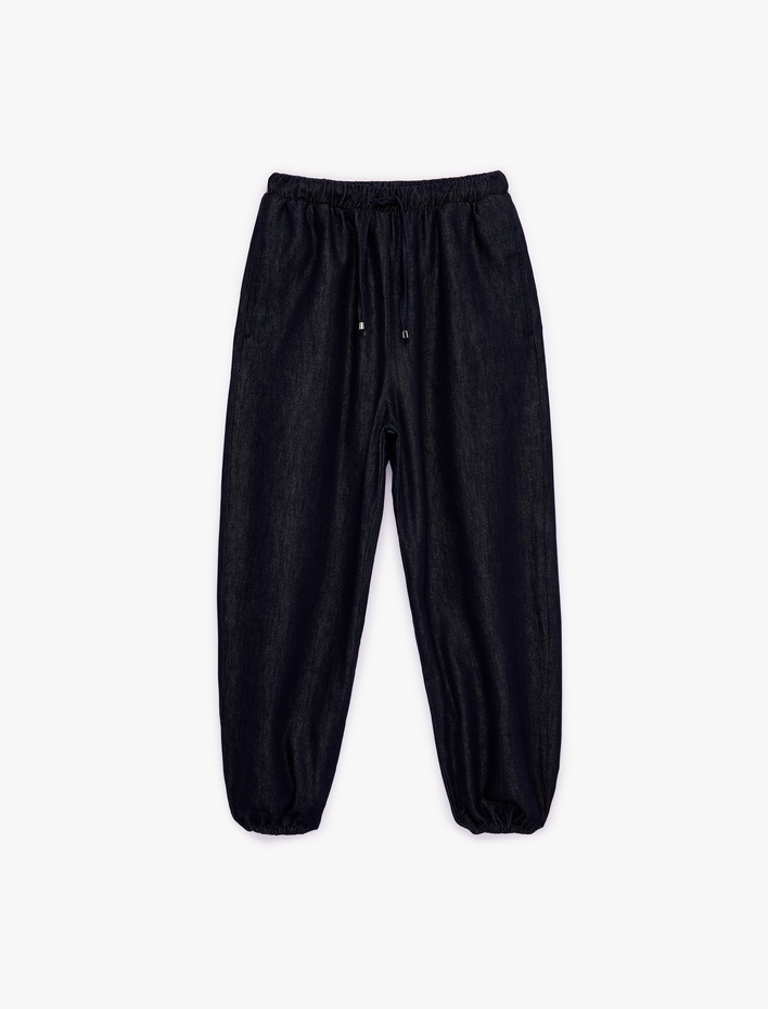  Rahat Kalıp Beli Bağcıklı Cepli Jogger Denim Pantolon