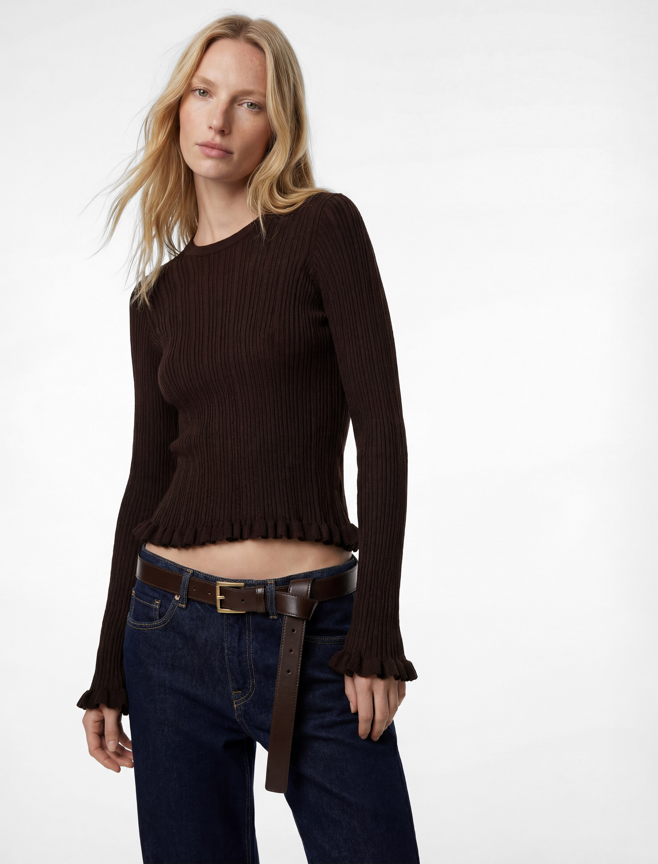   Uzun Kollu Bisiklet Yaka Fırfır Detaylı Viskon Triko Kazak