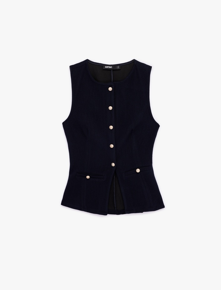  Slim Fit Düğmeli Bisiklet Yaka Peplum Kesim Yelek