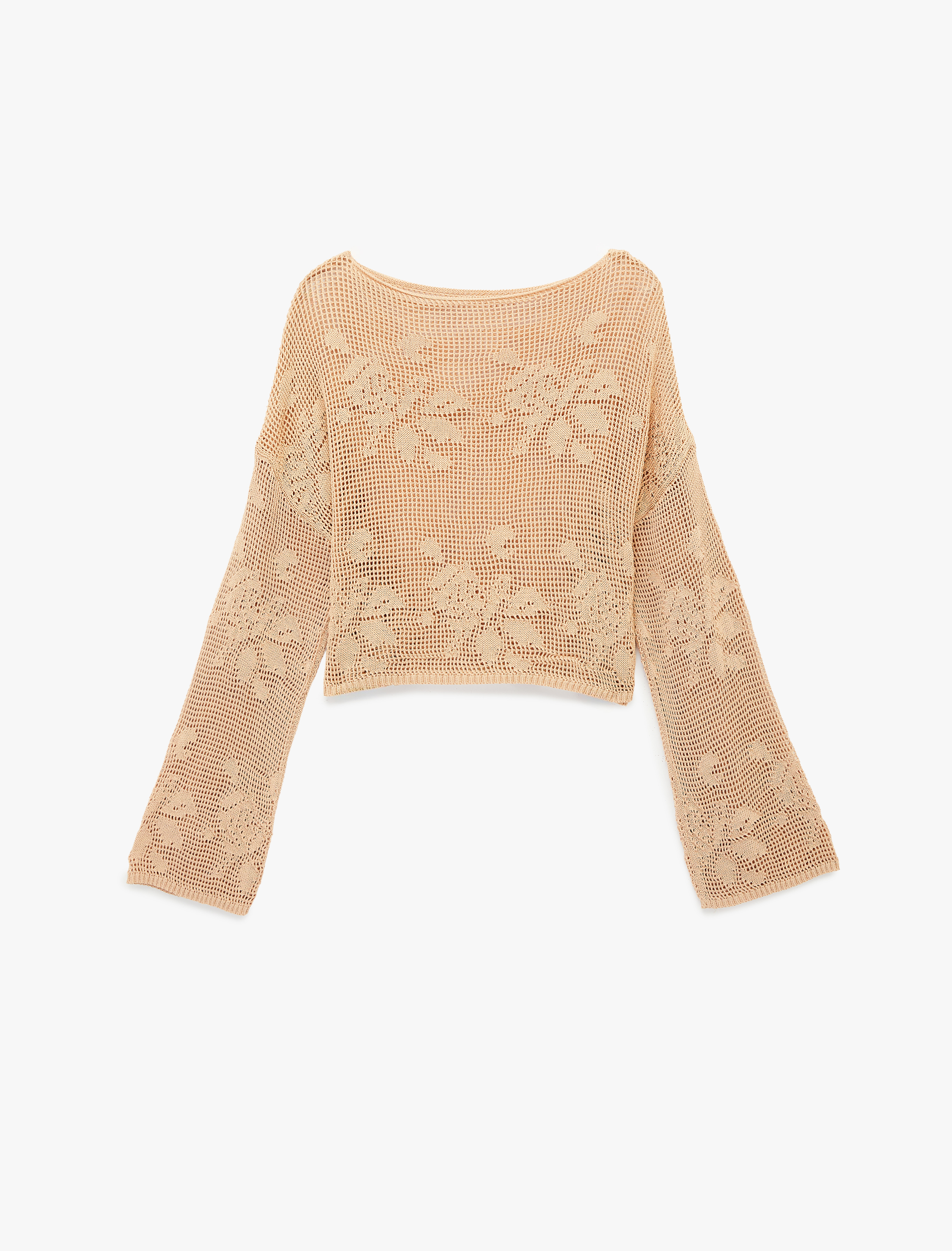   Geniş Uzun Kollu Kayık Yaka Kroşe Ajurlu Kazak