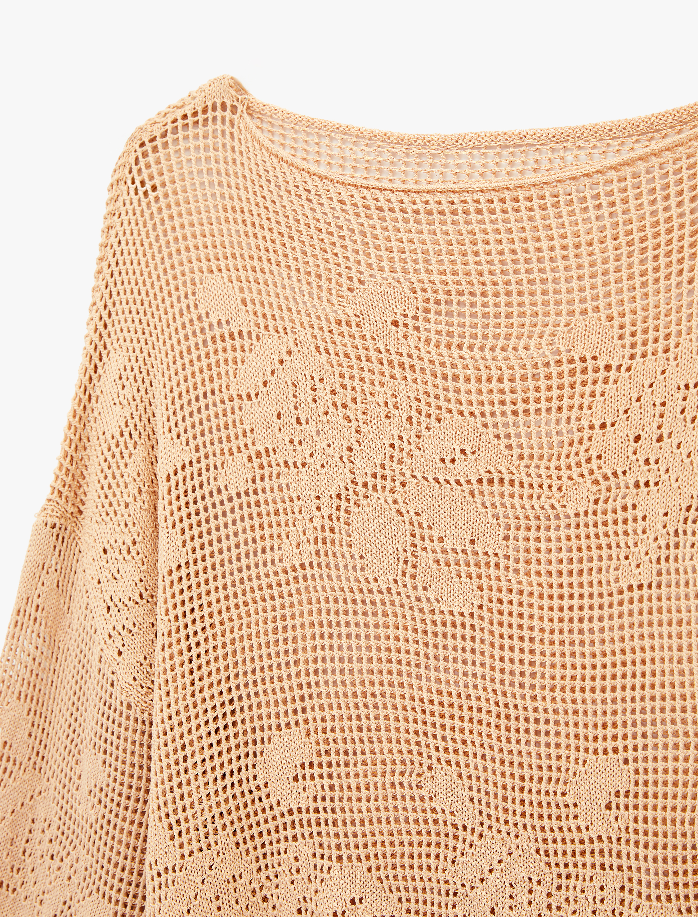   Geniş Uzun Kollu Kayık Yaka Kroşe Ajurlu Kazak