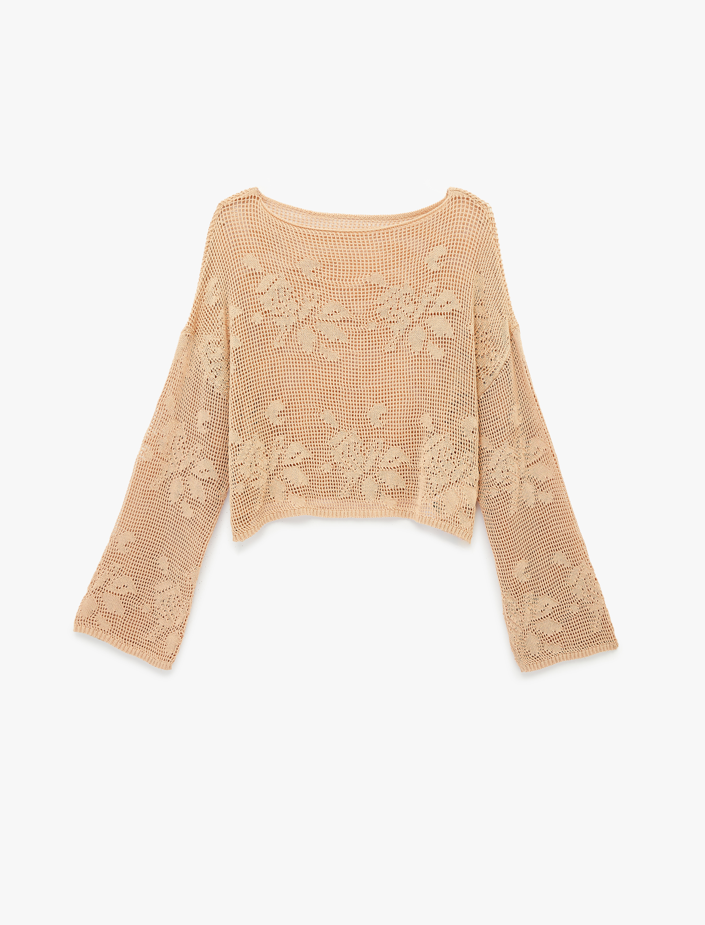   Geniş Uzun Kollu Kayık Yaka Kroşe Ajurlu Kazak