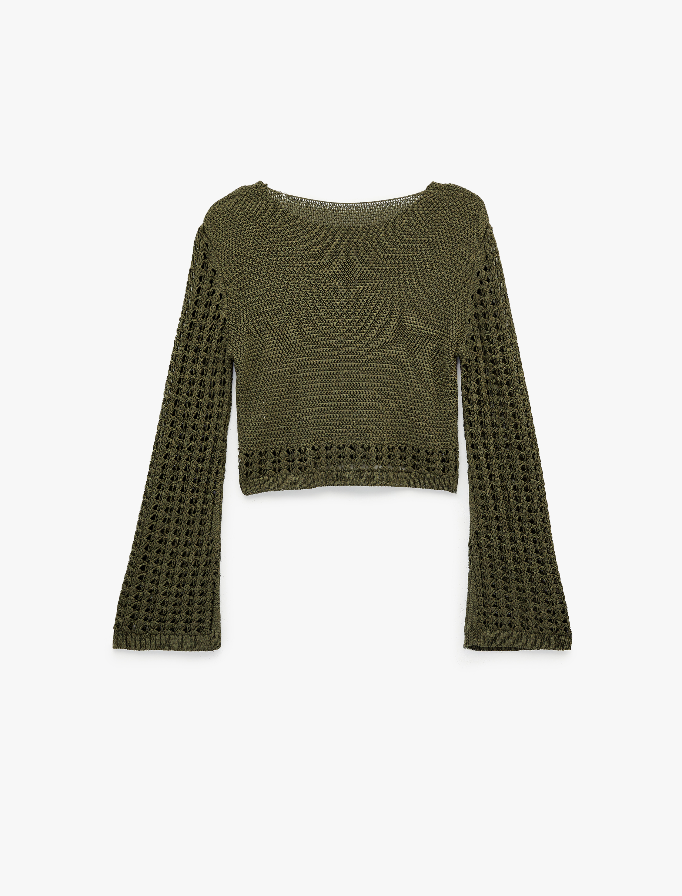   Geniş Uzun Kollu Yuvarlak Yaka Kroşe Ajurlu Crop Kazak