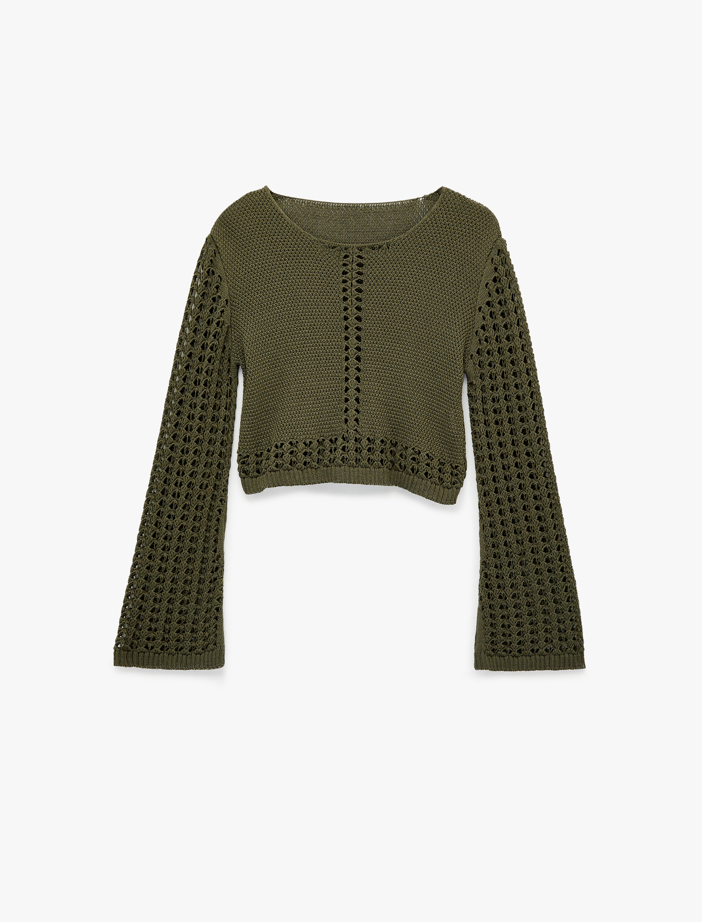   Geniş Uzun Kollu Yuvarlak Yaka Kroşe Ajurlu Crop Kazak