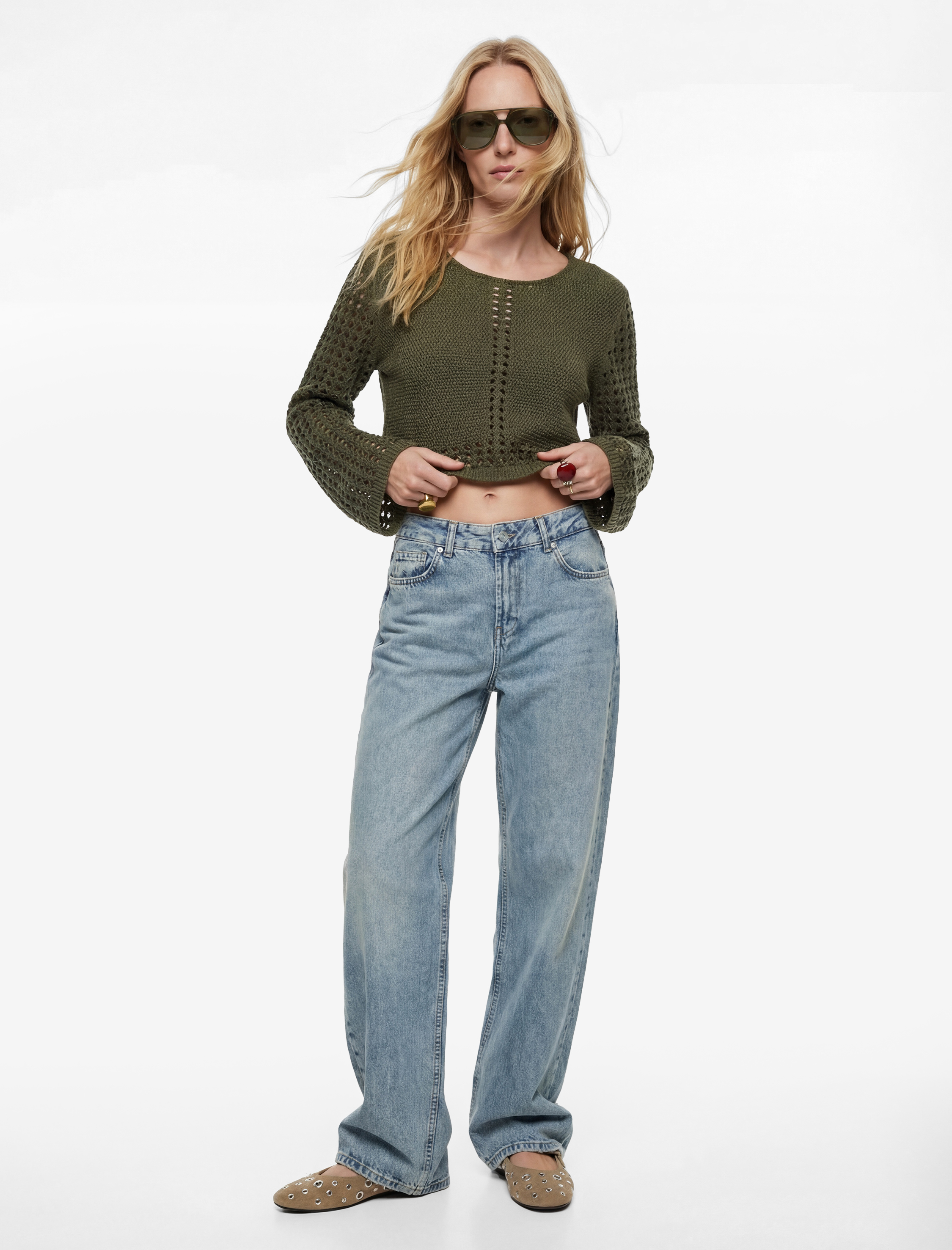   Geniş Uzun Kollu Yuvarlak Yaka Kroşe Ajurlu Crop Kazak