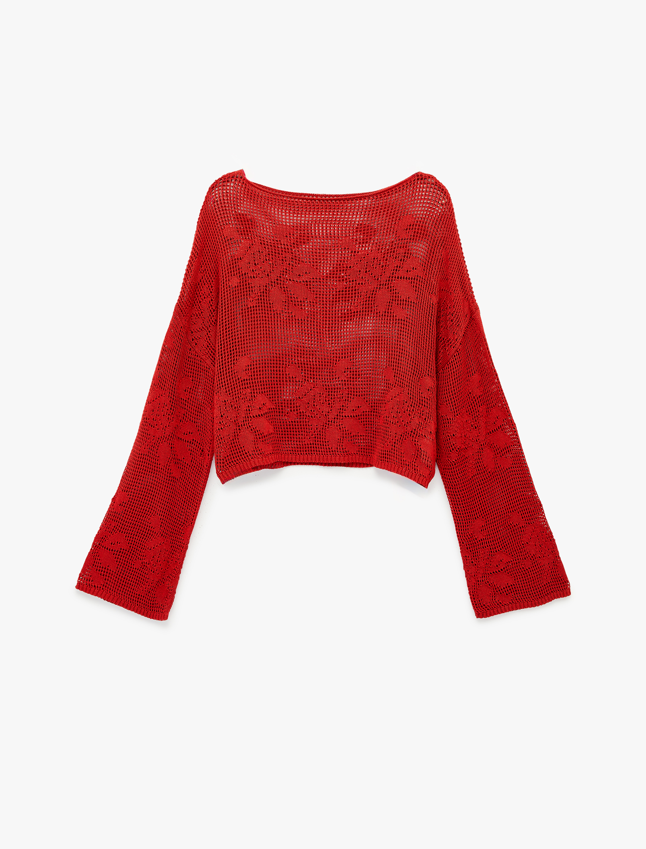   Geniş Uzun Kollu Kayık Yaka Kroşe Ajurlu Kazak