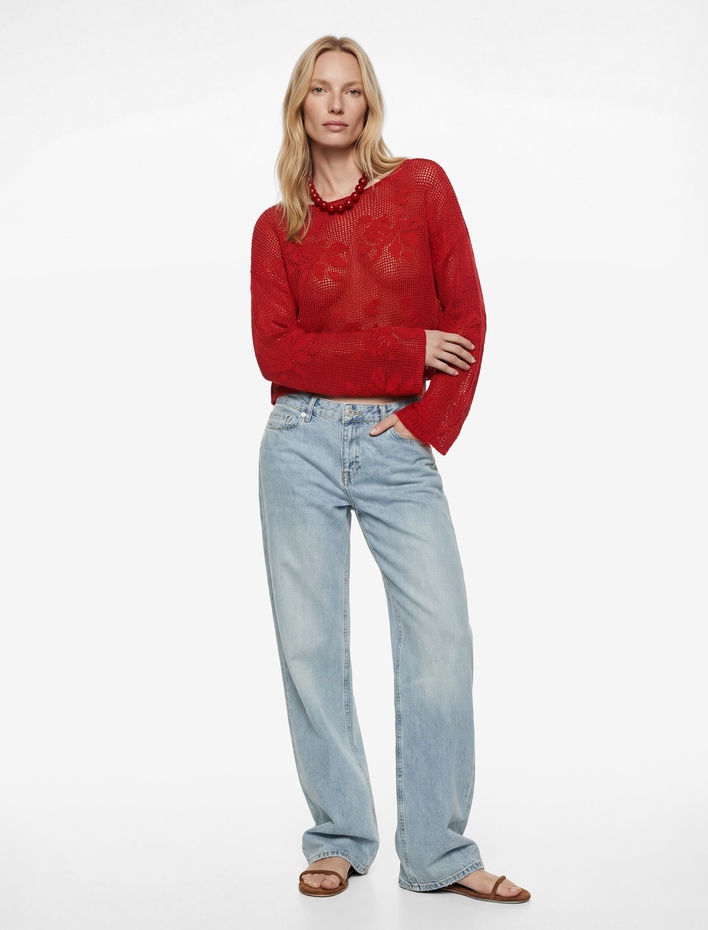  Geniş Uzun Kollu Kayık Yaka Kroşe Ajurlu Kazak