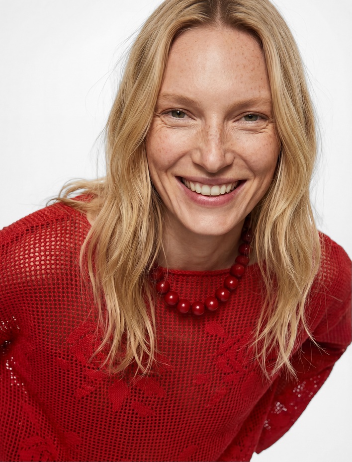  Geniş Uzun Kollu Kayık Yaka Kroşe Ajurlu Kazak